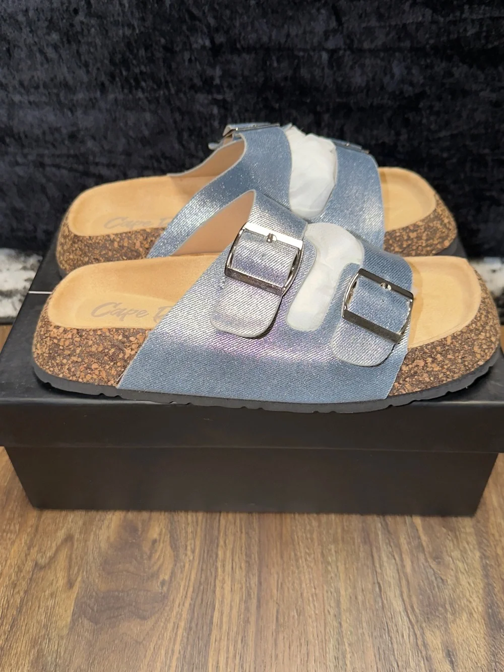 Sparkle Silver-Blue Double-Buckle Slide Sandals